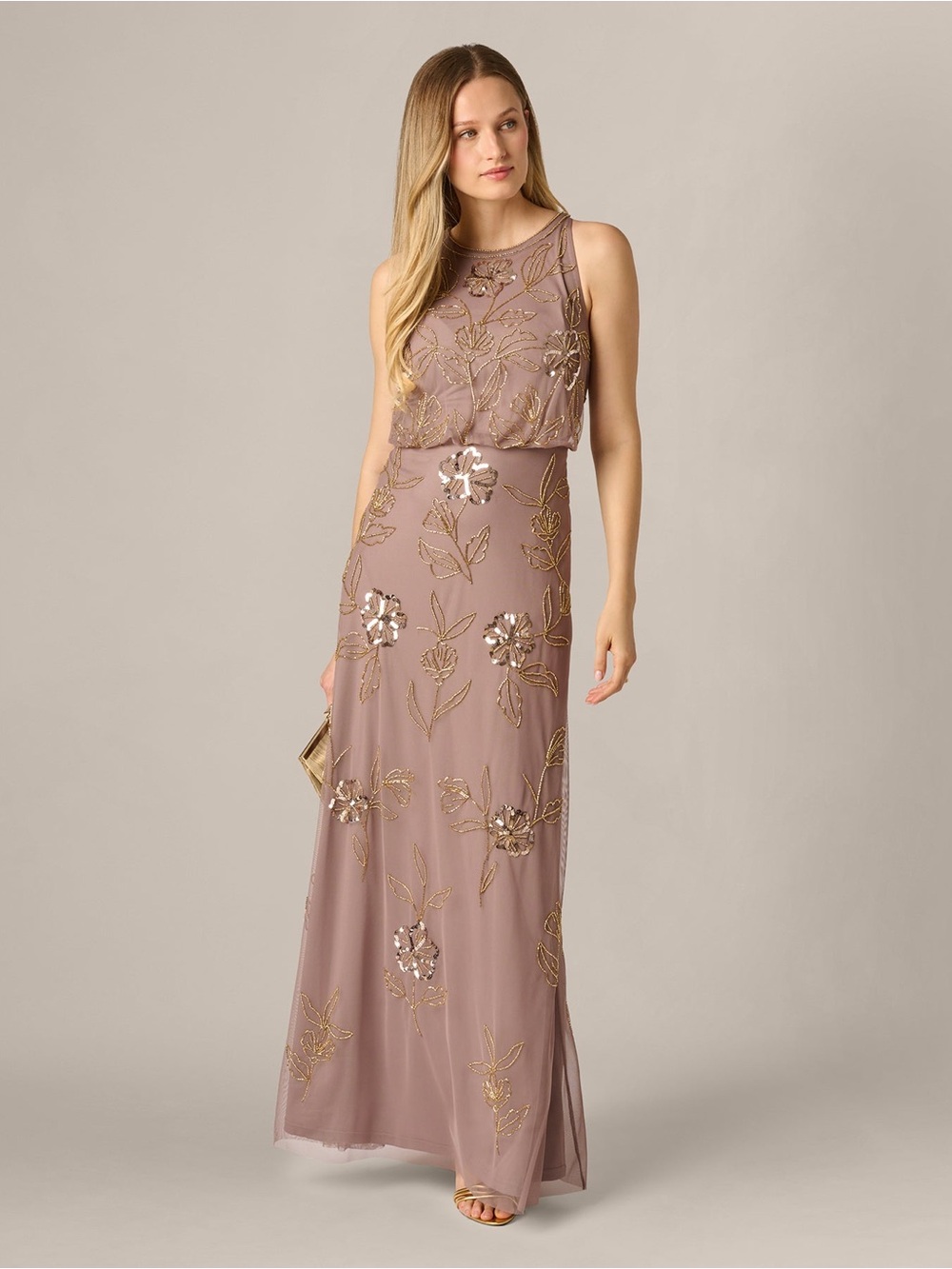 Adrianna Papell Mauve Gold Floral Beaded Blouson Evening Gown SZ 10 NWT GALA MOB